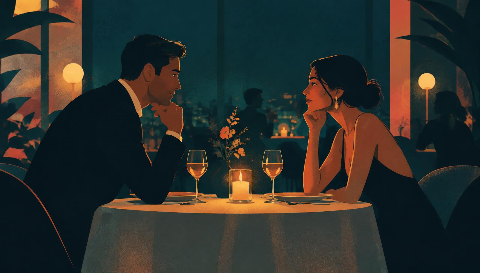 A couple on a first date at a candlelit table